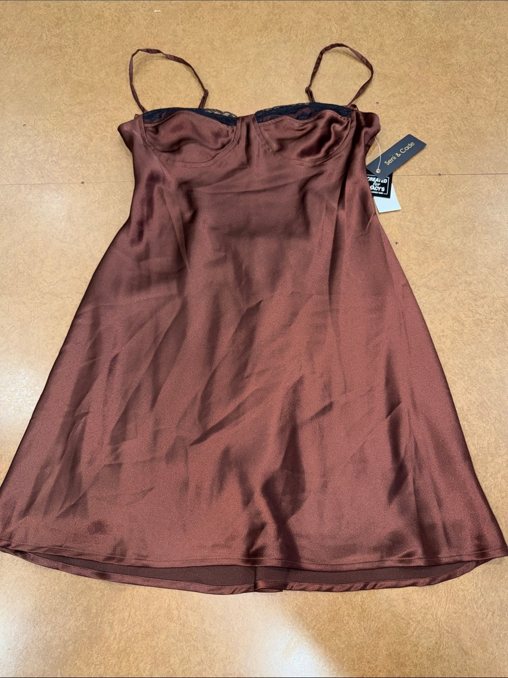 NWT Y2K Brown Satin Slip Mini Dress with Black Lace Trim • Adjustable Straps